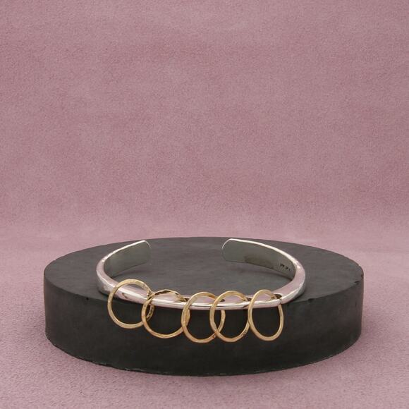 sterling silver & 14k gold filled rings artisan pierced cuff bracelet sz 5.75in - Picture 1 of 3